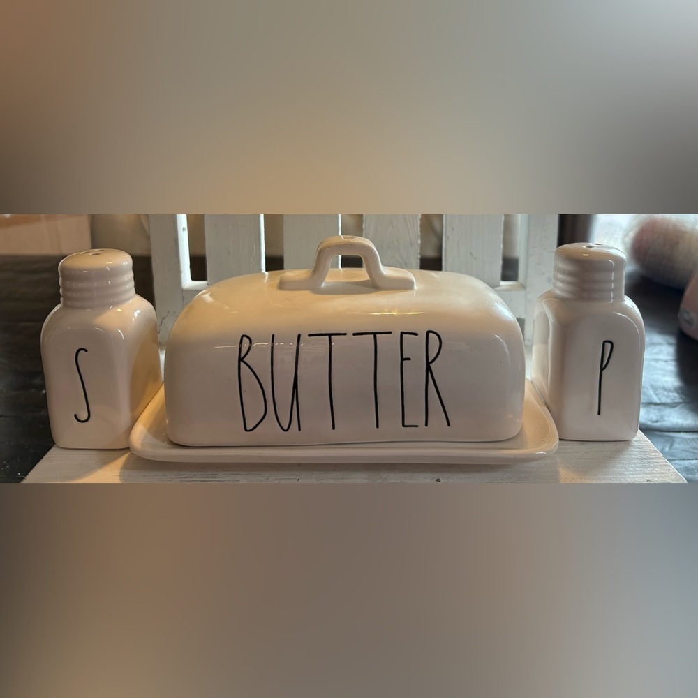 Rae Dunn White Ceramic Butter and S&P Set